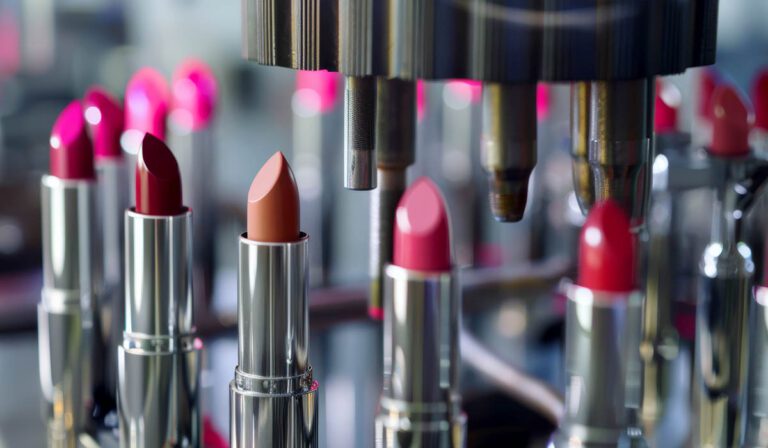 Lipstick shades in a cosmetics factory setup