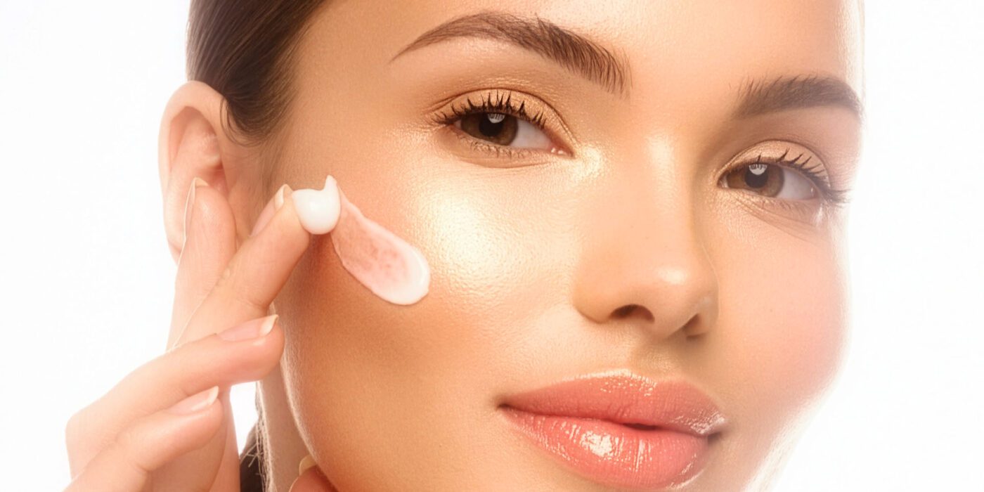 Woman applying skincare product on face